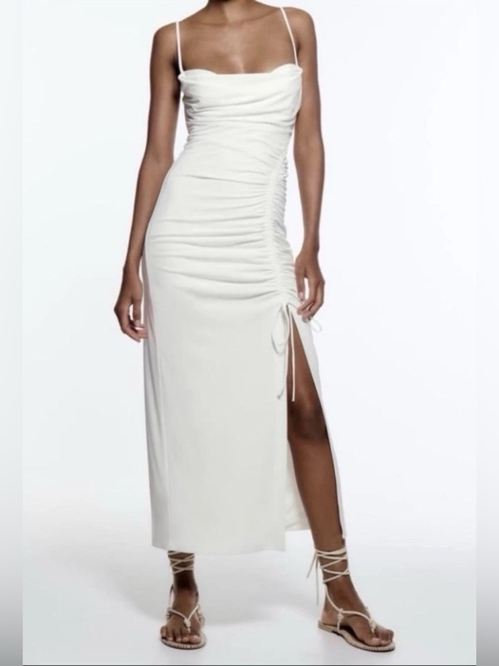 Zara White Ruched Cowl-Neck Midi Dress in white - Medium